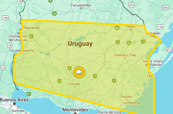 Aiguá, El Edén y Los Talas con advertencia meteorológica por tormentas fuertes y lluvias intensas